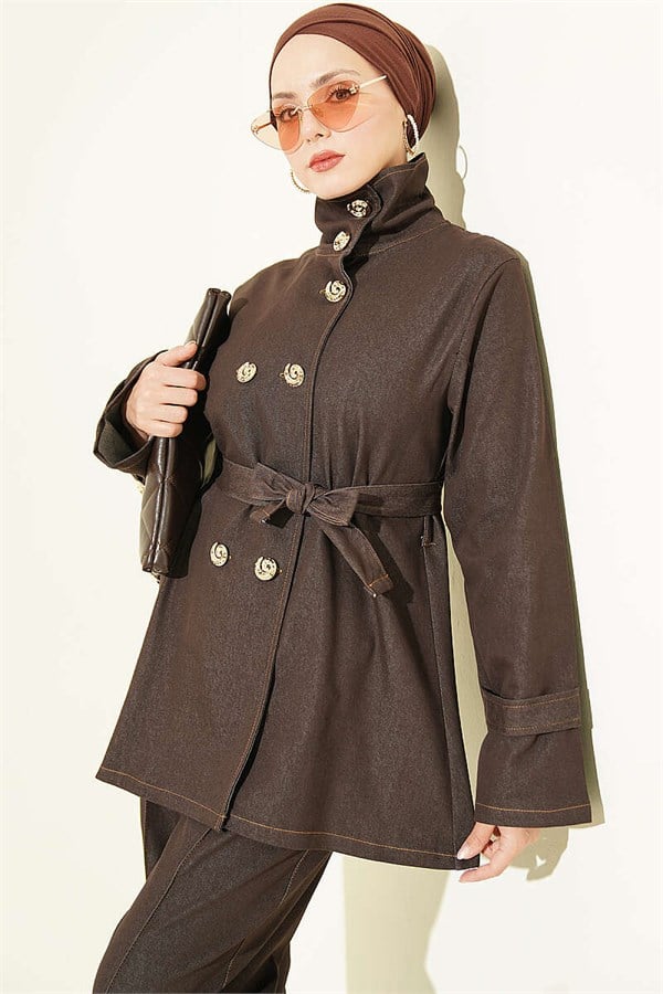Snail Button Denim 2 Piece Set in Dark Brown