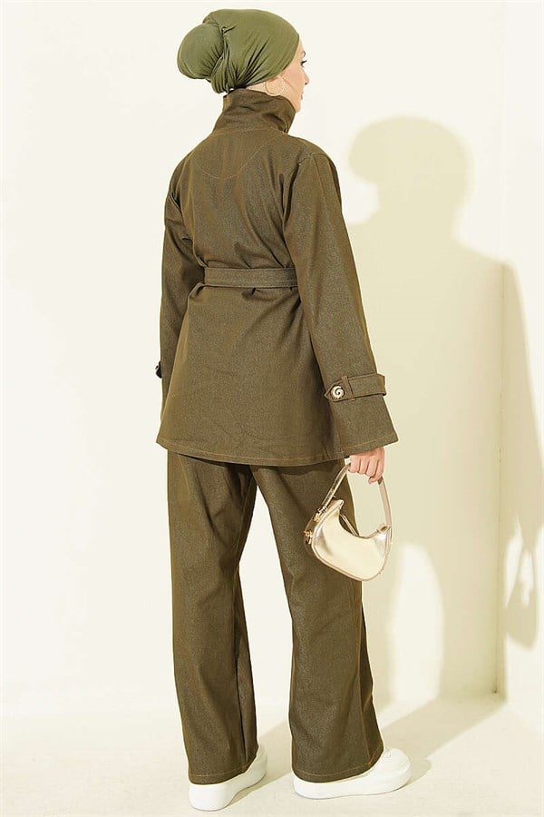 Snail Button Denim 2 Piece Set, Khaki