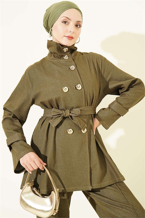 Snail Button Denim 2 Piece Set, Khaki