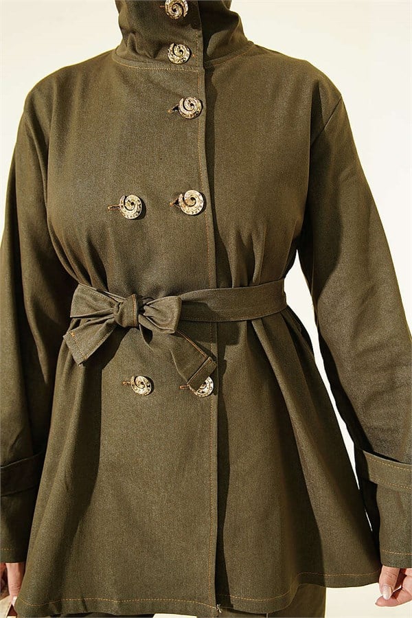 Snail Button Denim 2 Piece Set, Khaki