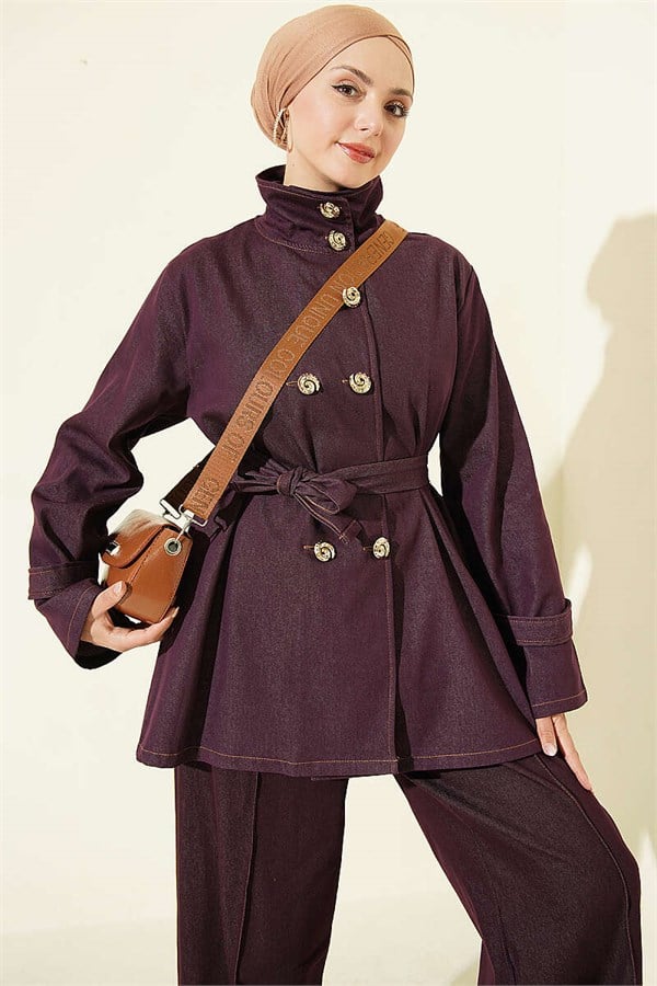 Snail Button Denim 2 Piece Set, Plum