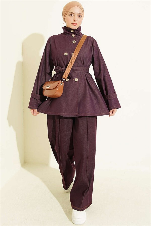 Snail Button Denim 2 Piece Set, Plum