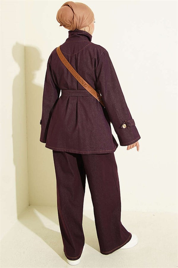Snail Button Denim 2 Piece Set, Plum