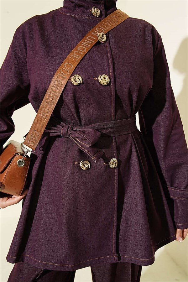Snail Button Denim 2 Piece Set, Plum