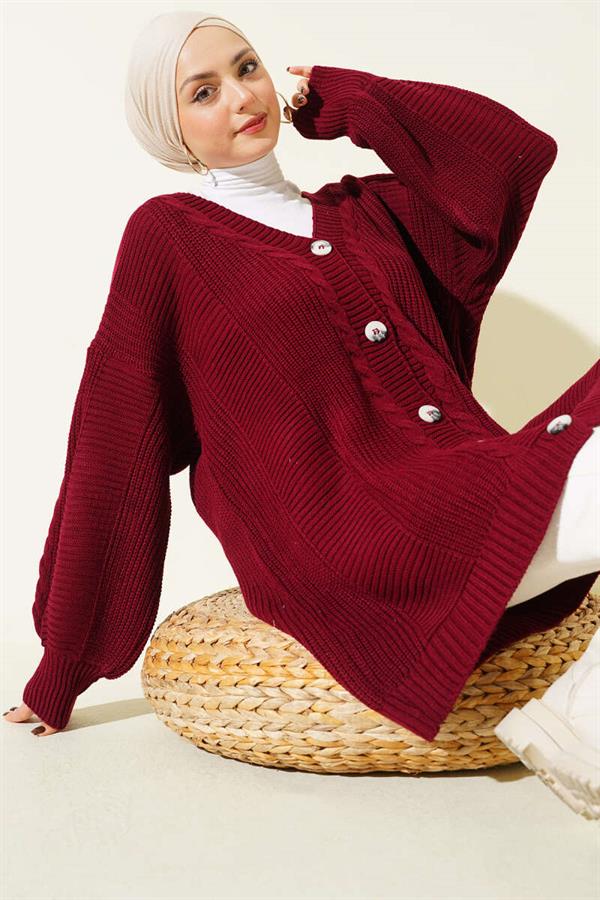 Spiral Pattern Detailed Knit Cardigan Burgundy