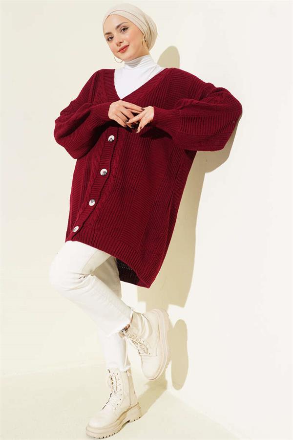 Spiral Pattern Detailed Knit Cardigan Burgundy