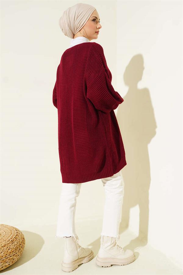 Spiral Pattern Detailed Knit Cardigan Burgundy