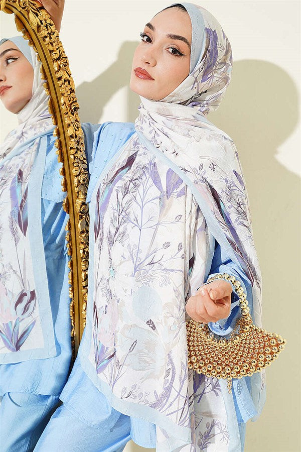 Bamboo Crash Shawl with Ivy Pattern, Baby Blue
