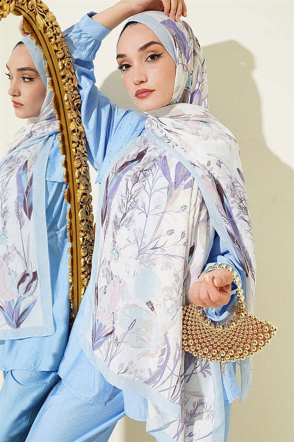 Bamboo Crash Shawl with Ivy Pattern, Baby Blue
