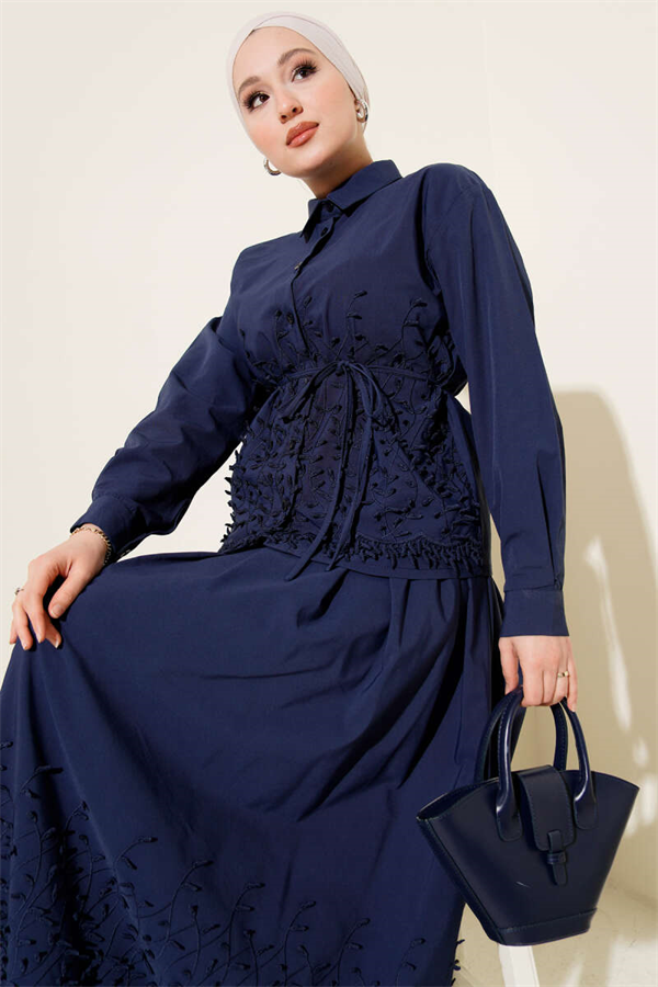2 Piece Set with Ivy Embossed Skirt, Navy Blue