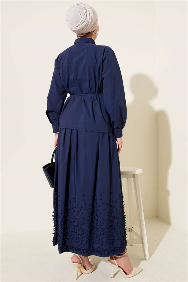 2 Piece Set with Ivy Embossed Skirt, Navy Blue