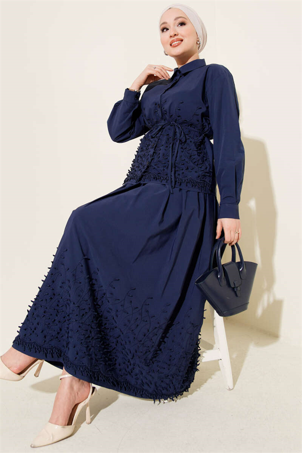2 Piece Set with Ivy Embossed Skirt, Navy Blue