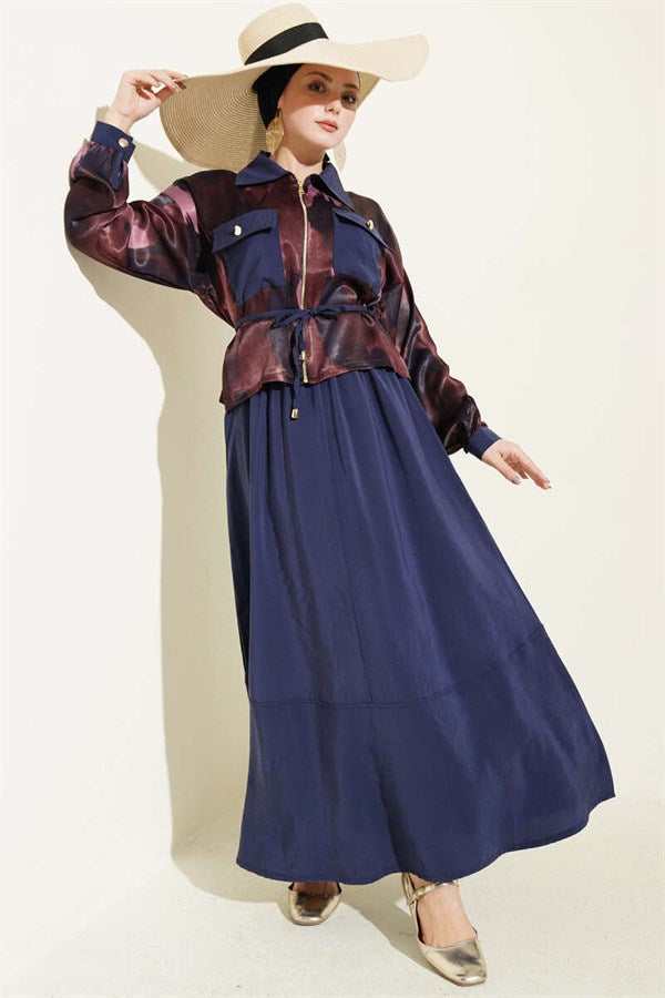 Satin Blouse and Skirt 2 Piece Set with Bust Pockets, Burgundy and Navy Blue