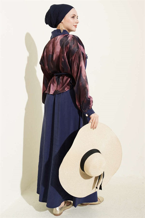 Satin Blouse and Skirt 2 Piece Set with Bust Pockets, Burgundy and Navy Blue