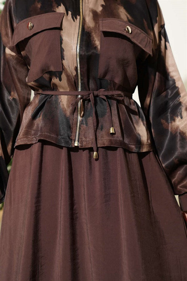 Satin Blouse and Skirt 2 Piece Set with Bust Pockets, Coffee