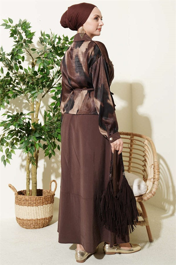 Satin Blouse and Skirt 2 Piece Set with Bust Pockets, Coffee