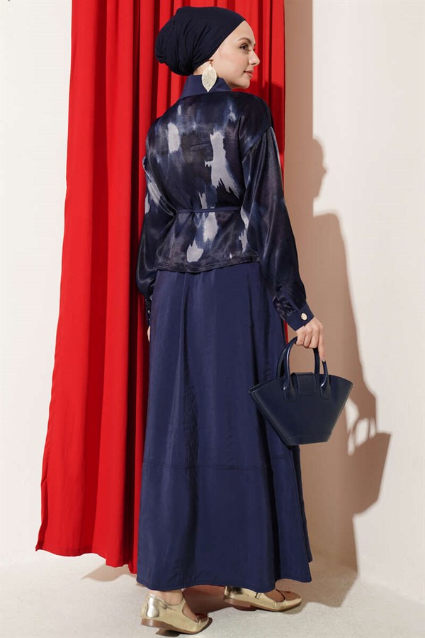 Satin Blouse and Skirt 2 Piece Set with Bust Pockets, Navy Blue