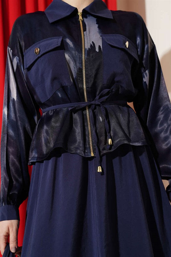 Satin Blouse and Skirt 2 Piece Set with Bust Pockets, Navy Blue