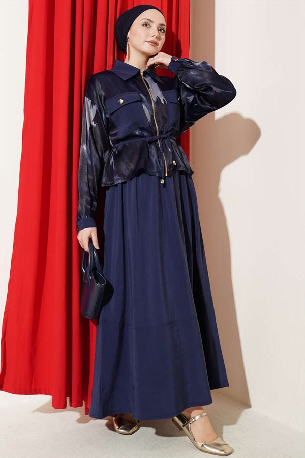 Satin Blouse and Skirt 2 Piece Set with Bust Pockets, Navy Blue