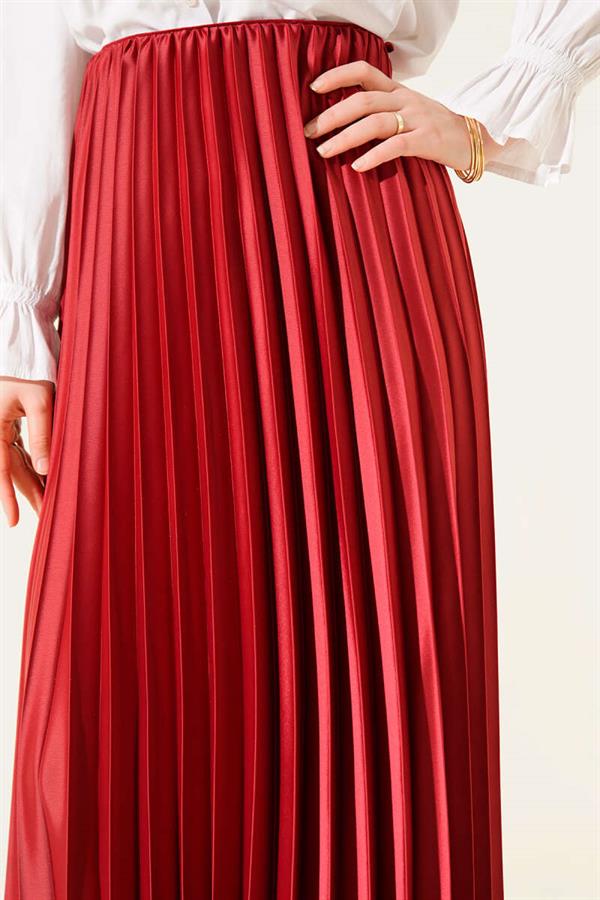 Satin-Look Pleated Skirt, Burgundy