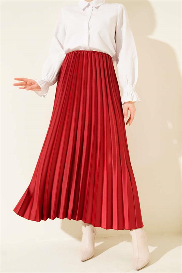 Satin-Look Pleated Skirt, Burgundy