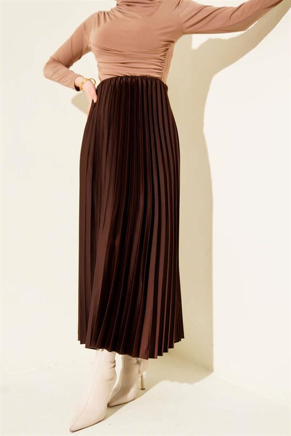 Satin-Look Pleated Skirt, Brown