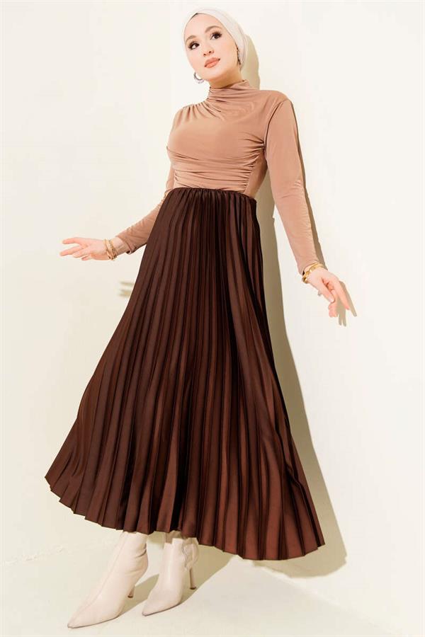 Satin-Look Pleated Skirt, Brown