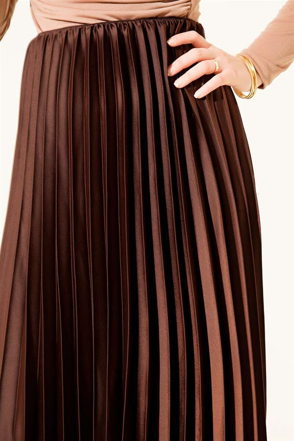 Satin-Look Pleated Skirt, Brown