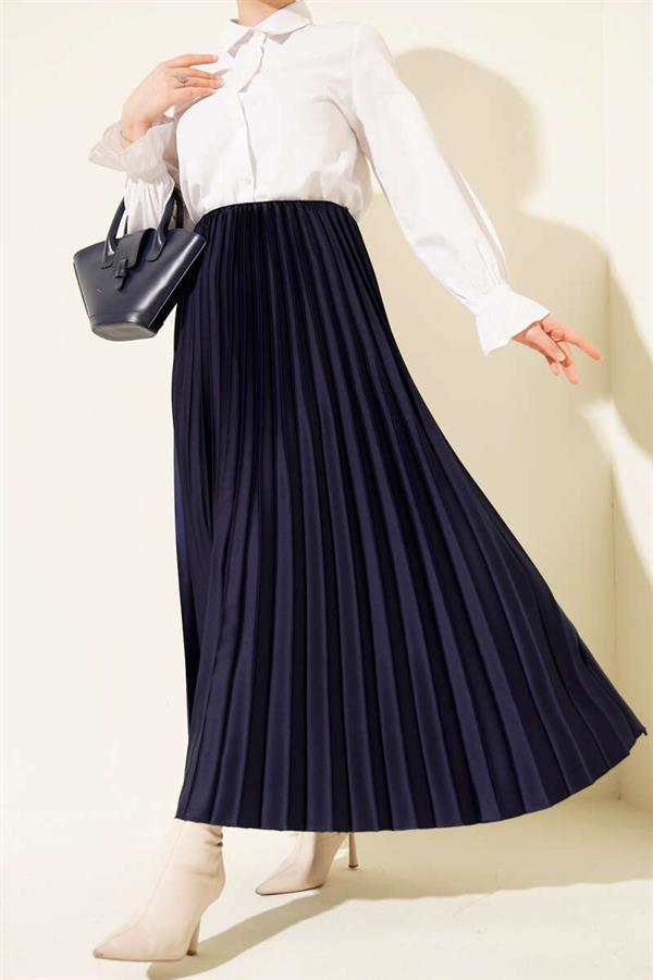 Satin-Look Pleated Skirt, Navy Blue