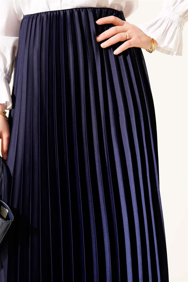 Satin-Look Pleated Skirt, Navy Blue