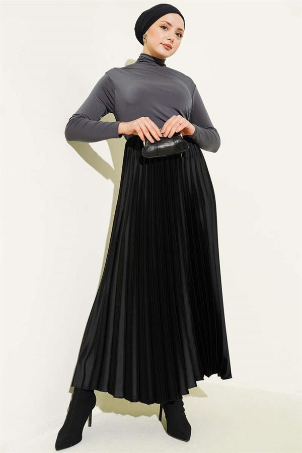 Satin-Look Pleated Skirt, Black