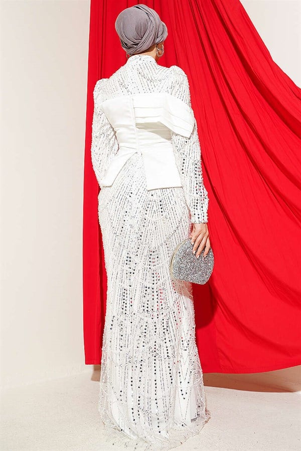 Satin Corset-Look Sequin Evening Dress, White