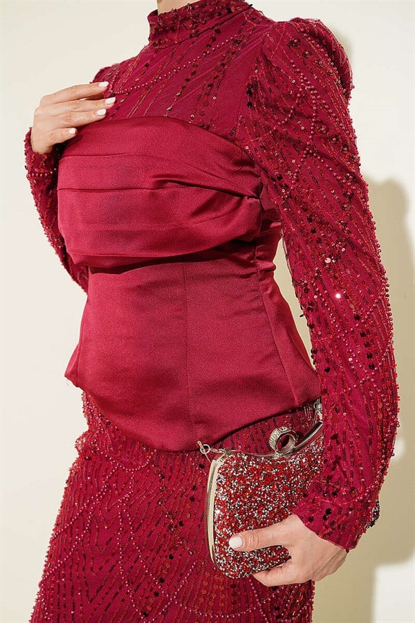 Satin Corset-Look Sequin Evening Dress, Burgundy
