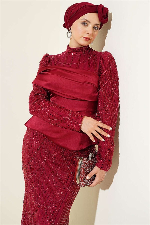 Satin Corset-Look Sequin Evening Dress, Burgundy