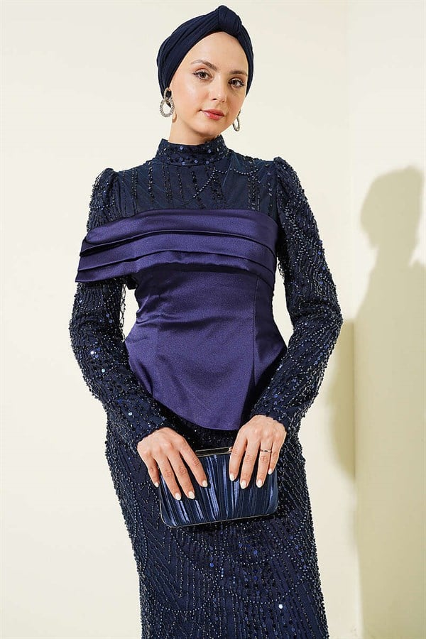 Satin Corset-Look Sequin Evening Dress, Navy Blue
