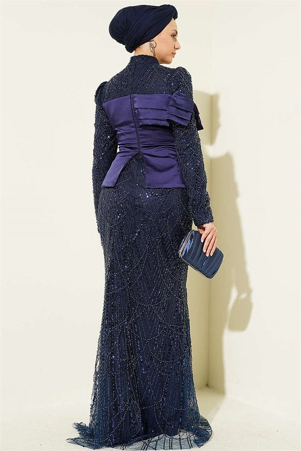Satin Corset-Look Sequin Evening Dress, Navy Blue