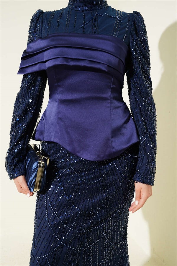 Satin Corset-Look Sequin Evening Dress, Navy Blue