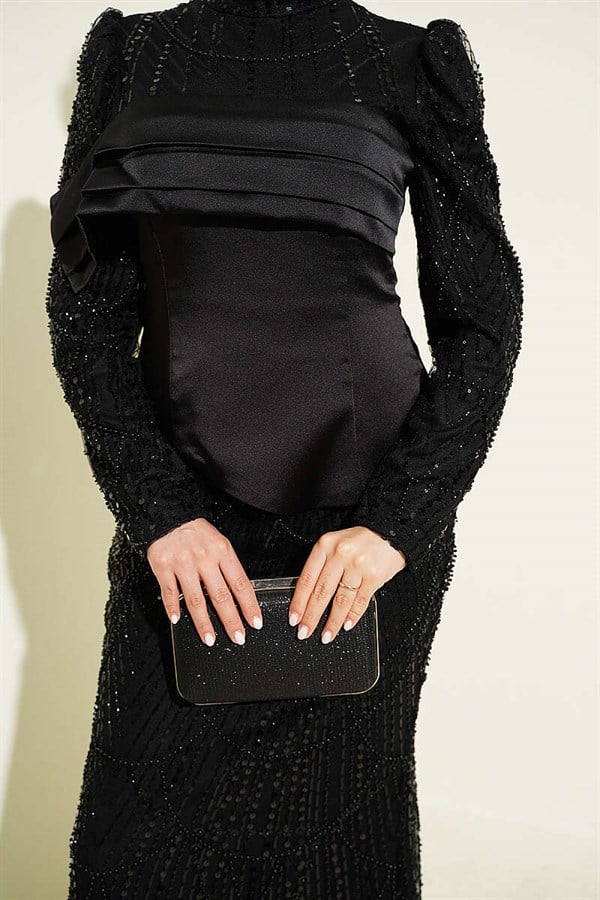 Satin Corset-Look Sequin Evening Dress, Black