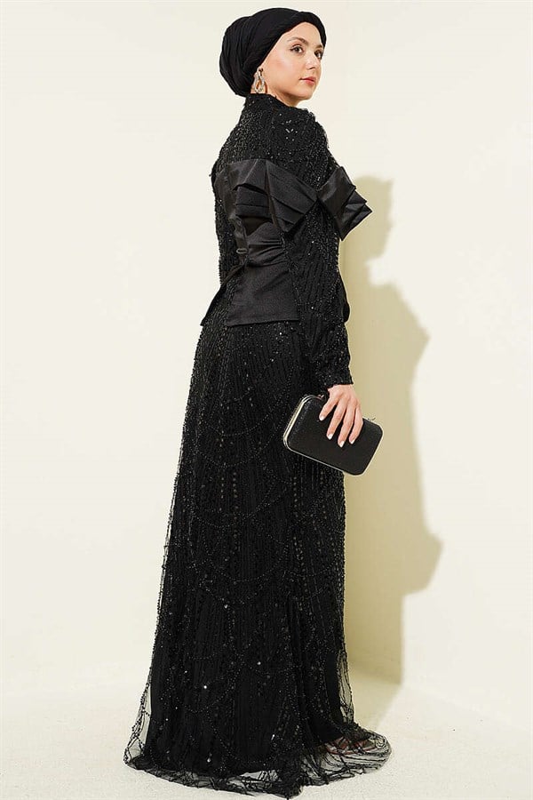 Satin Corset-Look Sequin Evening Dress, Black