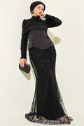 Satin Corset-Look Sequin Evening Dress, Black