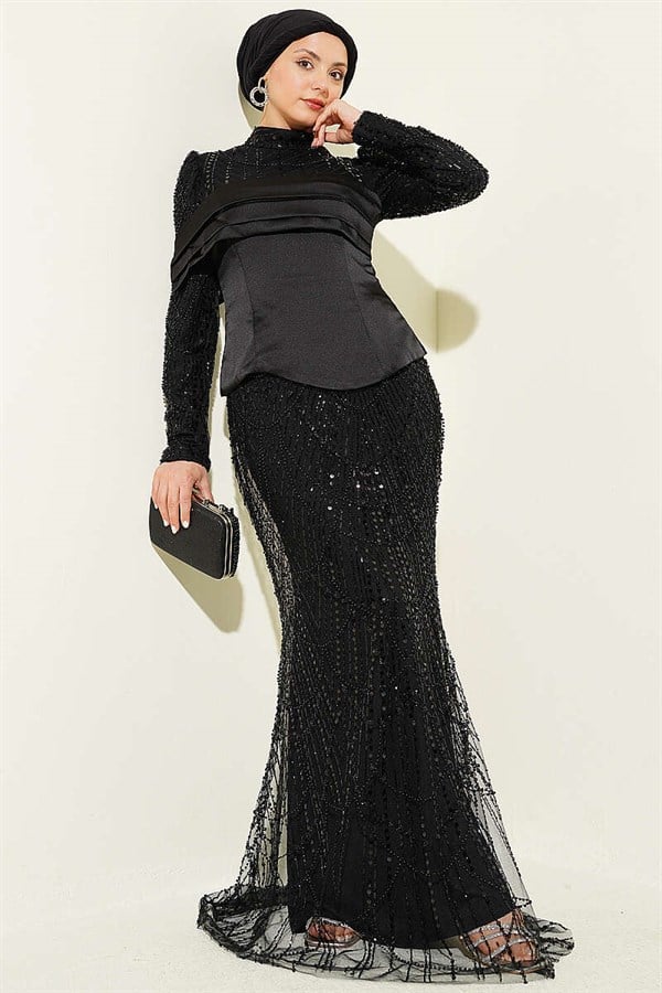 Satin Corset-Look Sequin Evening Dress, Black