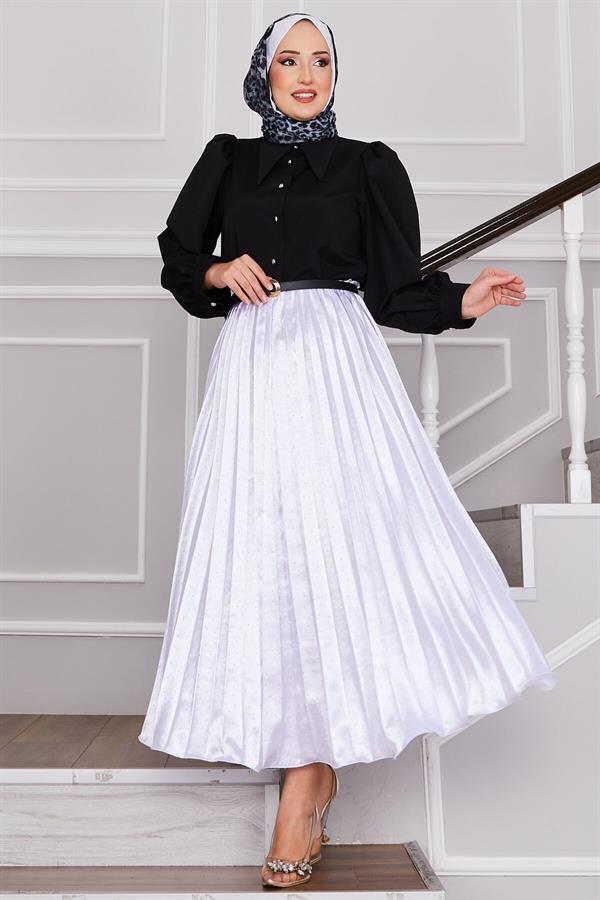 Satin Pleated Skirt with Sprinkled Stones White