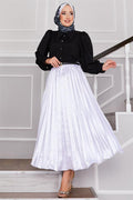 Satin Pleated Skirt with Sprinkled Stones White
