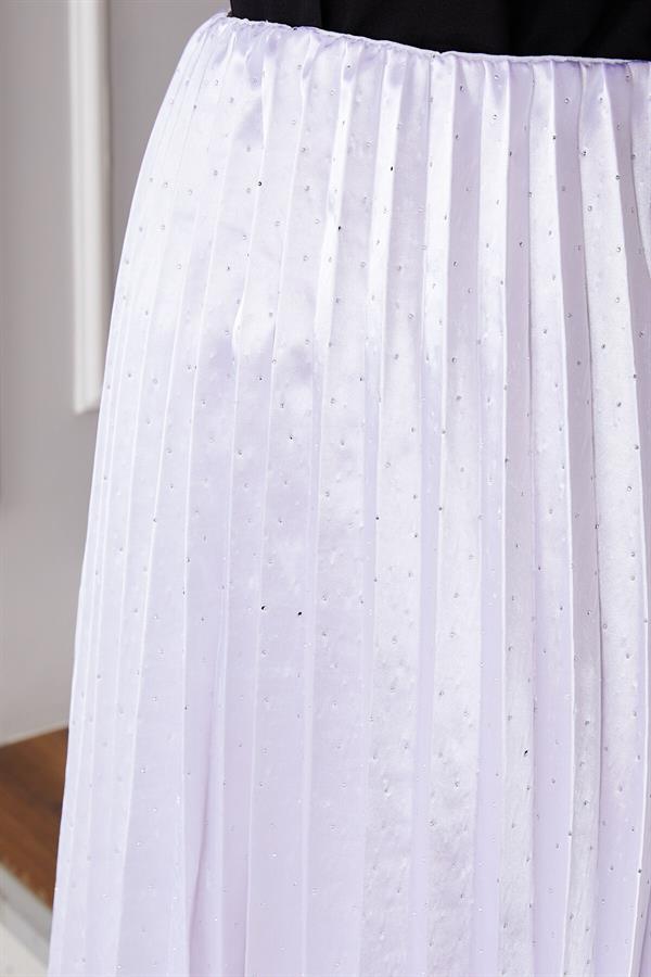Satin Pleated Skirt with Sprinkled Stones White