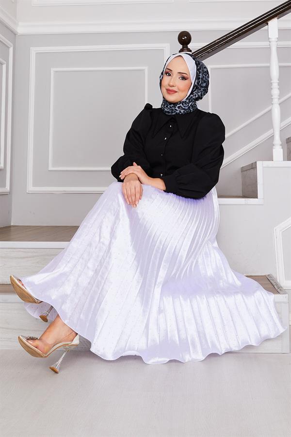 Satin Pleated Skirt with Sprinkled Stones White