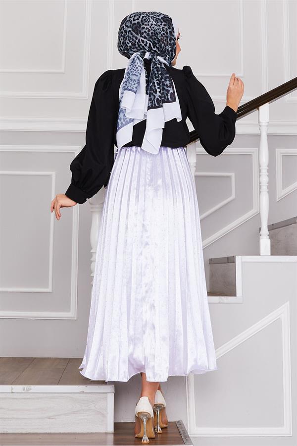Satin Pleated Skirt with Sprinkled Stones White