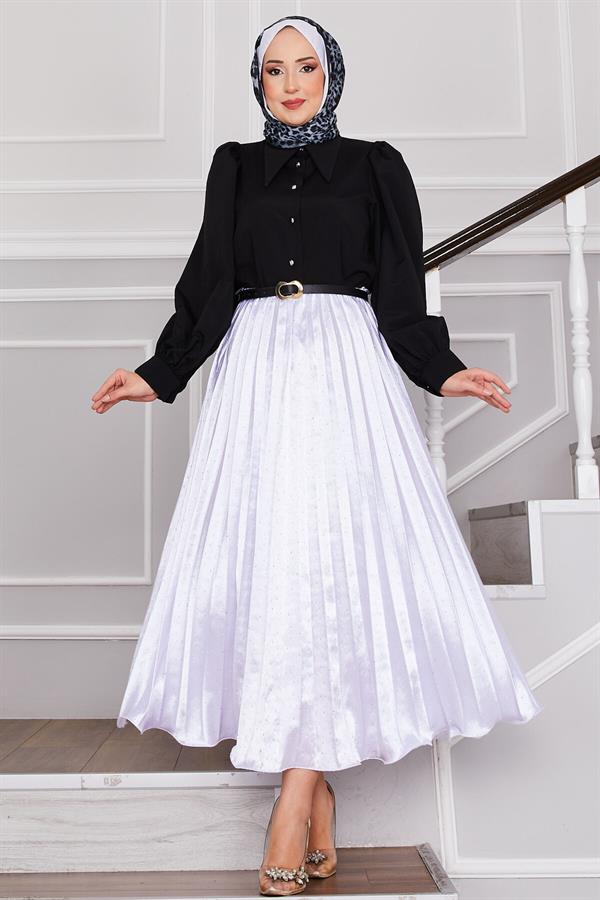 Satin Pleated Skirt with Sprinkled Stones White