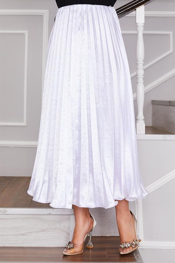 Satin Pleated Skirt with Sprinkled Stones White