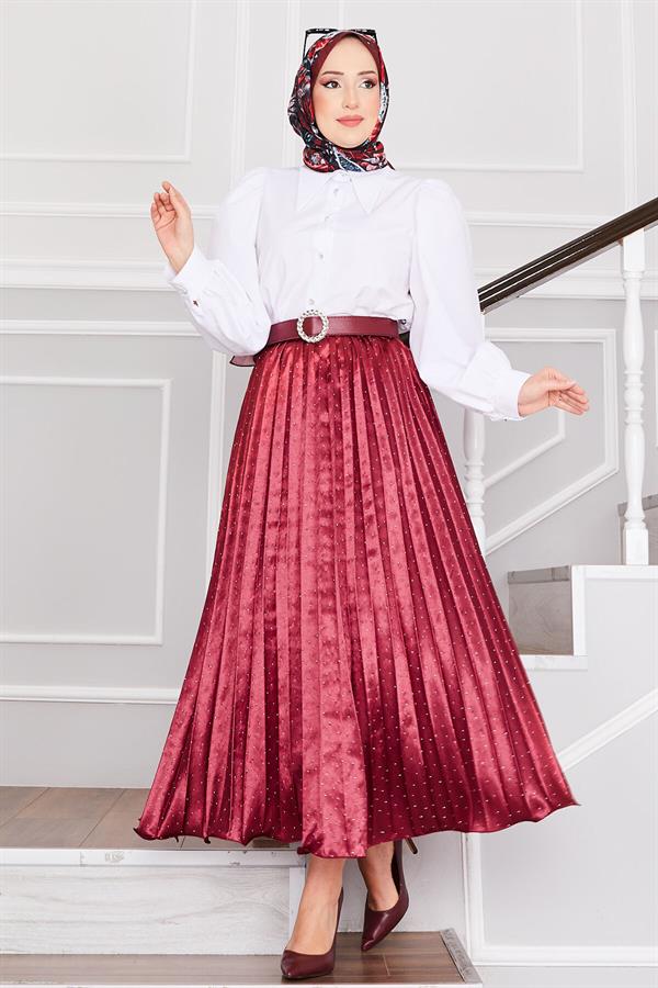 Satin Pleated Skirt with Sprinkled Stones, Burgundy