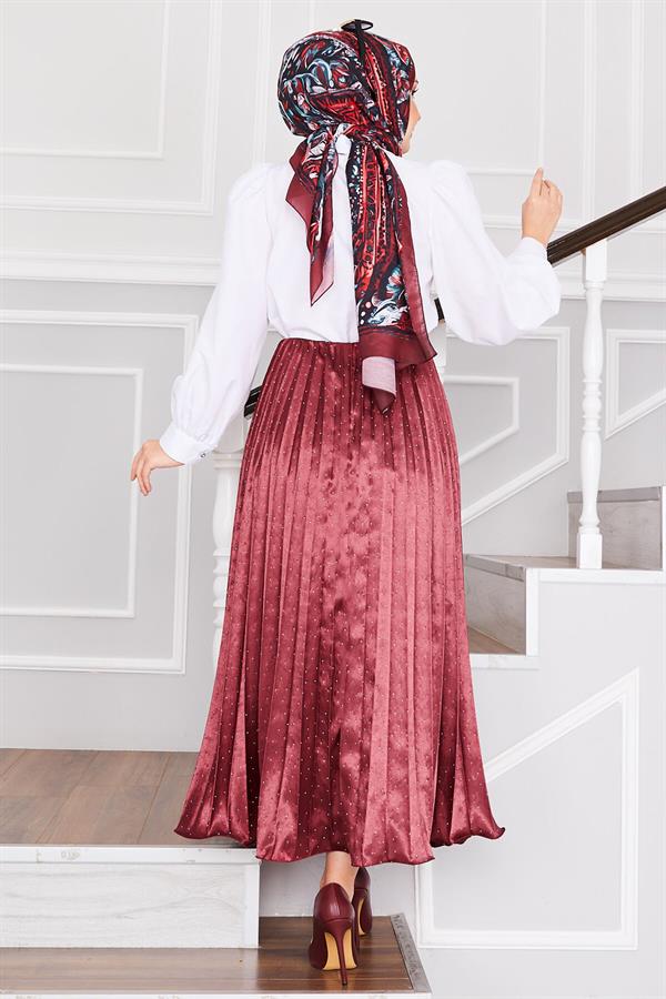 Satin Pleated Skirt with Sprinkled Stones, Burgundy